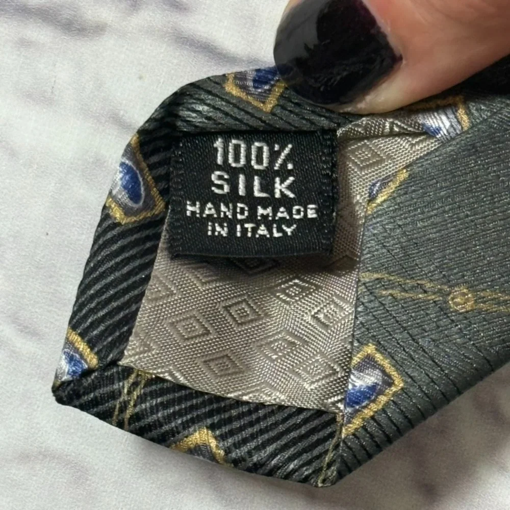 Luciano Gatti Neck Tie Mens Green Geometric 100% Silk Hand‎ Made In Italy